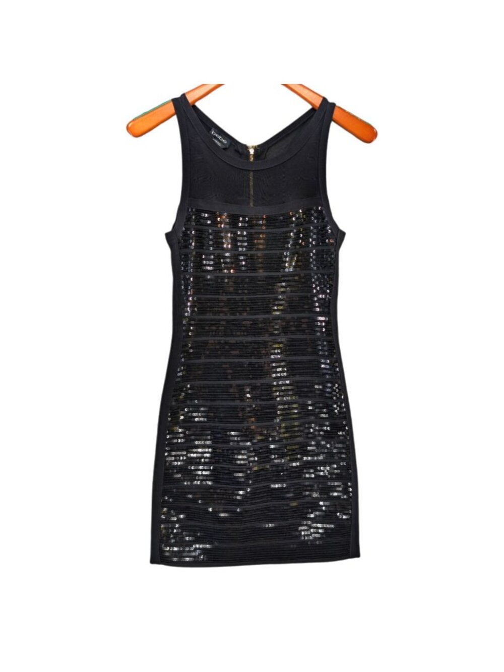 Bebe Mini Bodycon Sequin Dress Black Sleeveless Back Zip Cocktail Size S